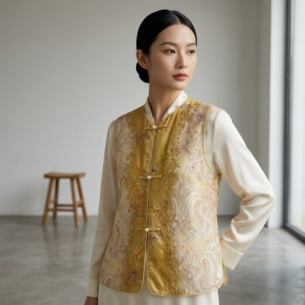 Gradient Gold Floral Jacquard Rayon Vest with Beaded Embroidered -Luxe Orienta Modern Chinese Fashion - Luxe Orienta CO., LIMITED