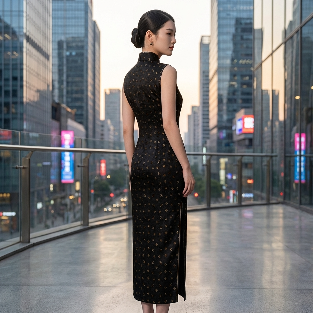 Black Gold Jacquard Xiangyunsha Qipao | Elegant Mulberry Silk Chinese Cheongsam Dress - Luxe Orienta CO., LIMITED