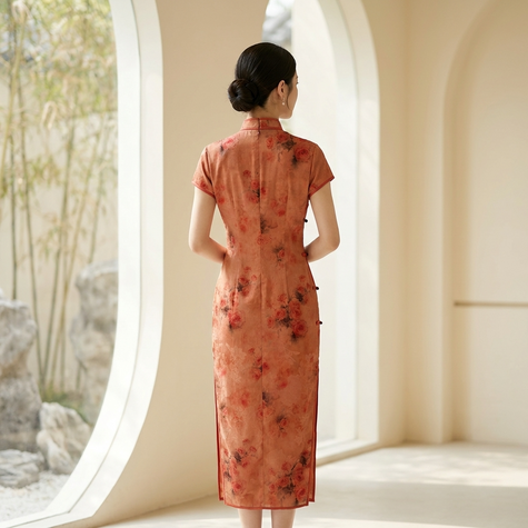 100% Mulberry Silk Xiangyunsha Rust Red Floral Print Short Sleeve Qipao Dress | LUXE ORIENTA - Luxe Orienta CO., LIMITED