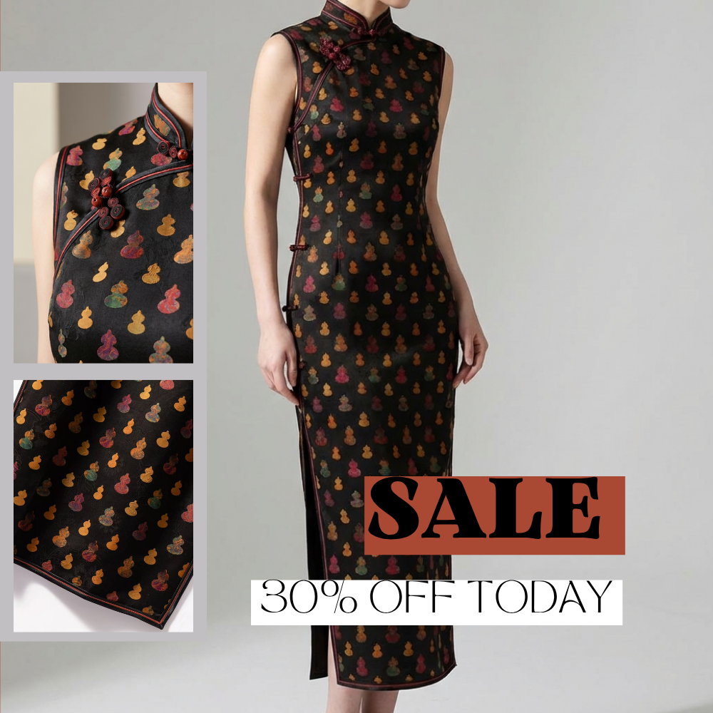 Black Mulberry Silk Xiangyunsha Qipao | Colorful Gourd Cheongsam Dress