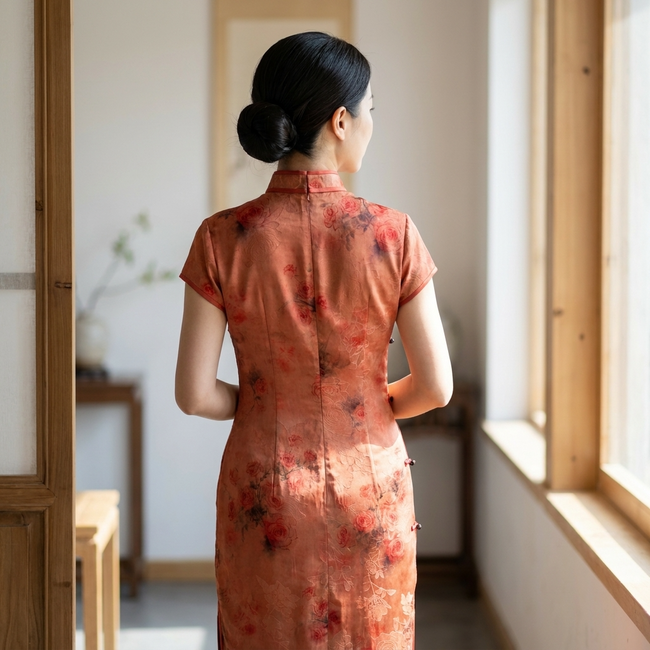 100% Mulberry Silk Xiangyunsha Rust Red Floral Print Short Sleeve Qipao Dress | LUXE ORIENTA - Luxe Orienta CO., LIMITED