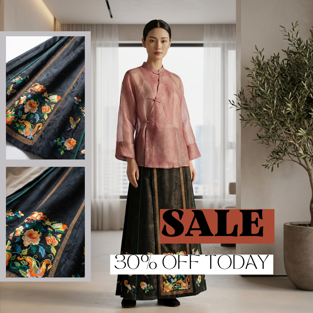 Luxury Ink Black Floral Jacquard Mulberry Silk Xiangyunsha Skirt -New Chinese Style Mamian Qun Dress