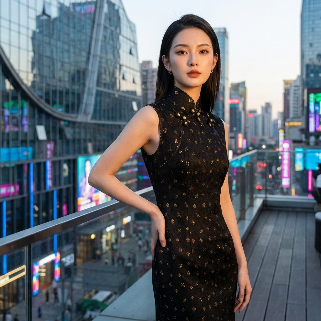 Black Gold Jacquard Xiangyunsha Qipao | Elegant Mulberry Silk Chinese Cheongsam Dress - Luxe Orienta CO., LIMITED