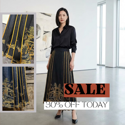 Black Gold Pavilion Embroidery Mulberry Silk Xiangyunsha Mamianqun – Cracked Satin Silk Horse-Face Skirt