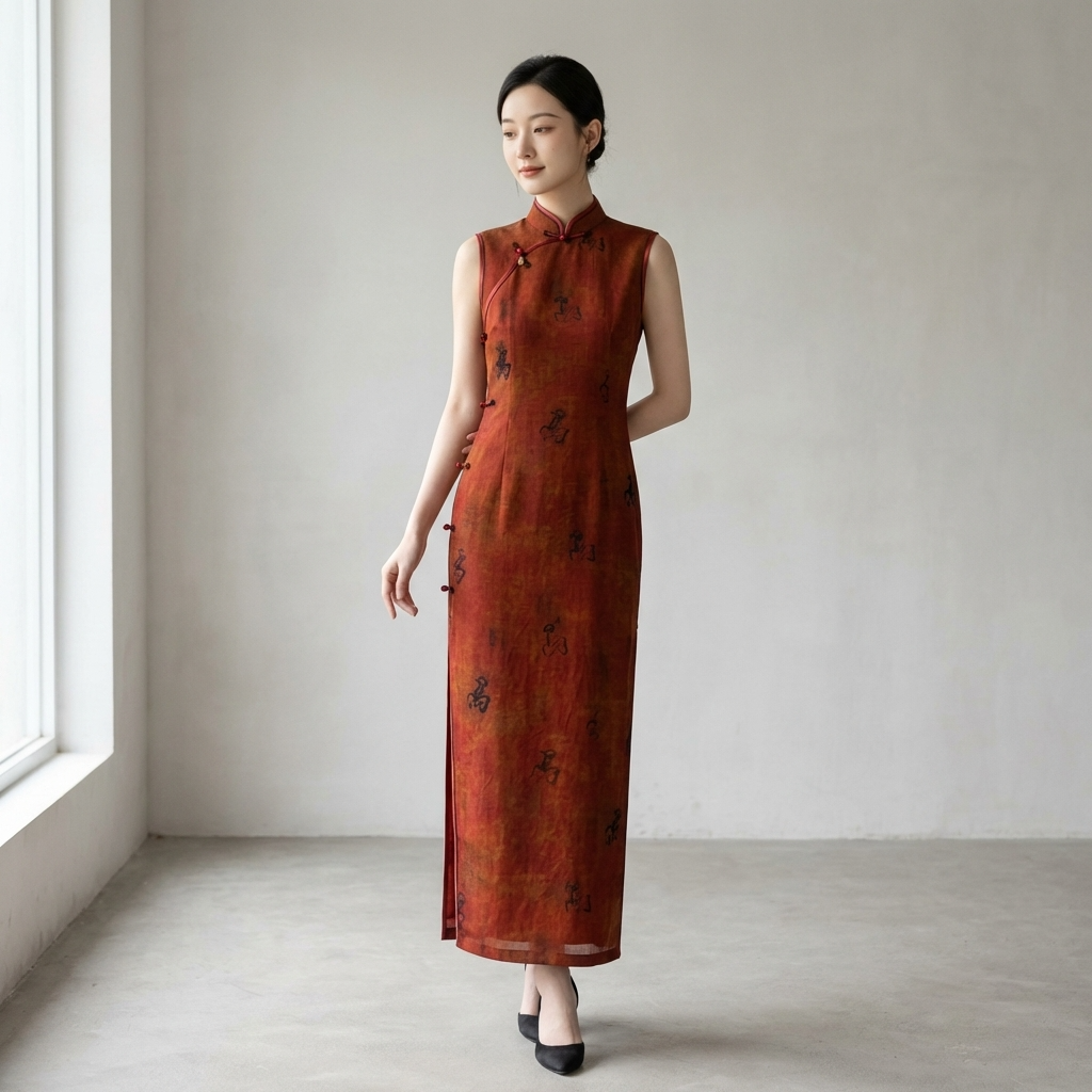 100% Mulberry Silk Xiangyunsha Rust Calligraphy Sleeveless Qipao Dress | LUXE ORIENTA - Luxe Orienta CO., LIMITED