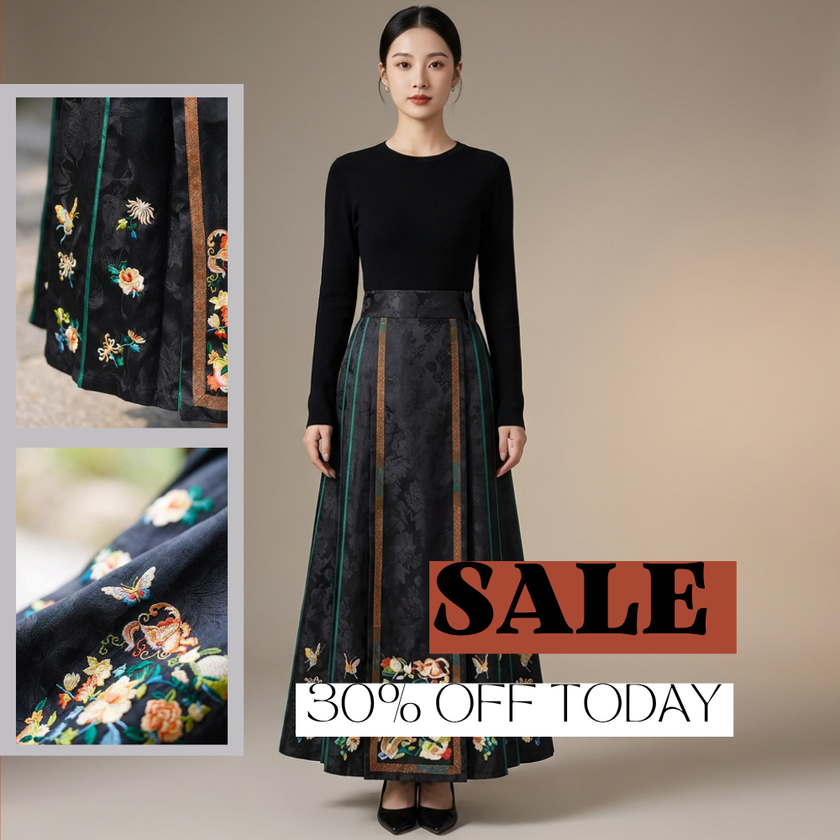 Black Peony Butterfly Embroidered Jacquard Ma Mian Qun Skirt | Modern Chinese Horse Face Dress