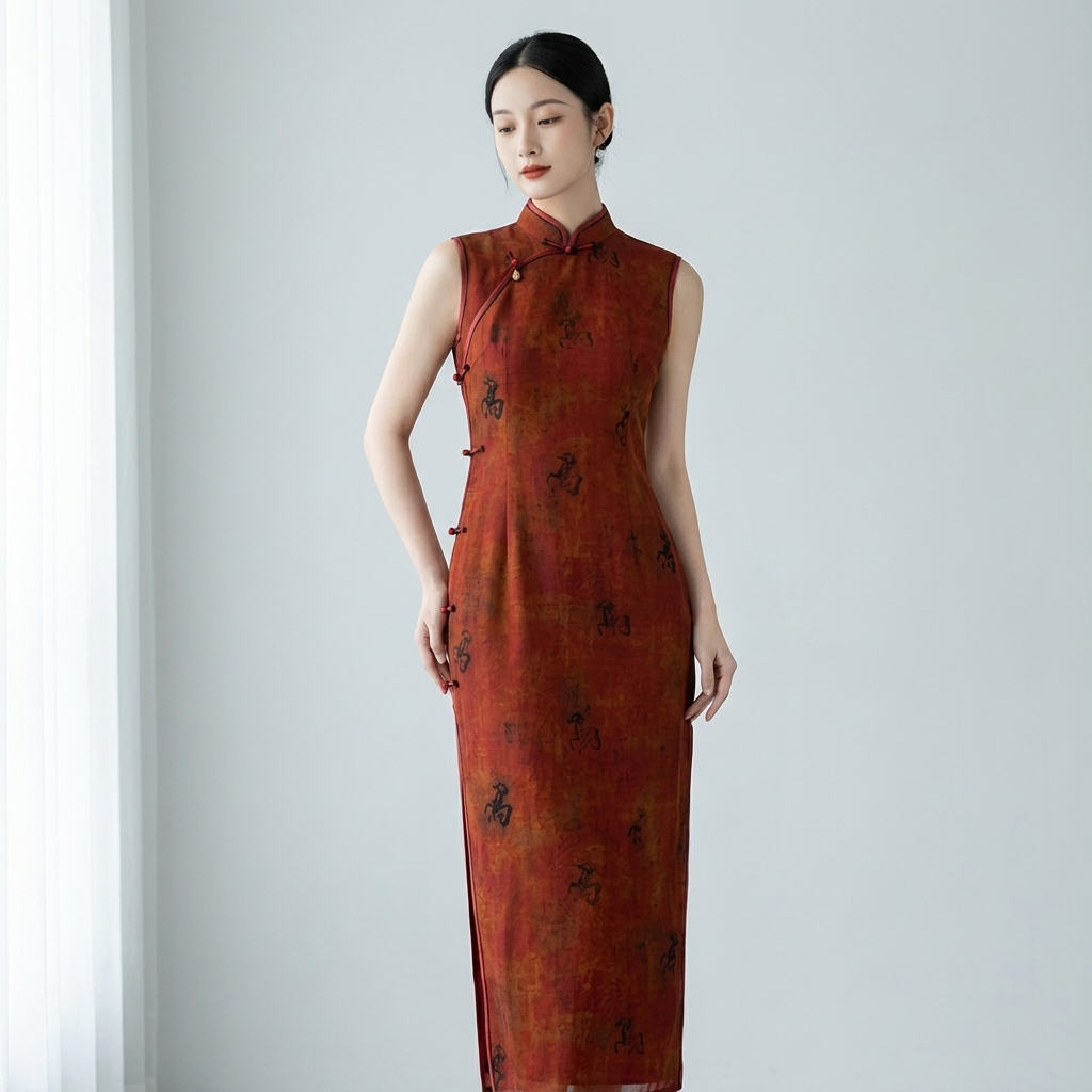 100% Mulberry Silk Xiangyunsha Rust Calligraphy Sleeveless Qipao Dress | LUXE ORIENTA - Luxe Orienta CO., LIMITED