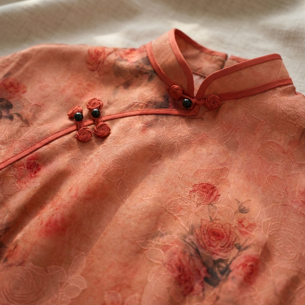 100% Mulberry Silk Xiangyunsha Rust Red Floral Print Short Sleeve Qipao Dress | LUXE ORIENTA - Luxe Orienta CO., LIMITED
