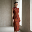 100% Mulberry Silk Xiangyunsha Rust Calligraphy Sleeveless Qipao Dress | LUXE ORIENTA - Luxe Orienta CO., LIMITED