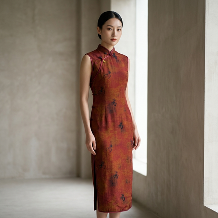 100% Mulberry Silk Xiangyunsha Rust Calligraphy Sleeveless Qipao Dress | LUXE ORIENTA - Luxe Orienta CO., LIMITED