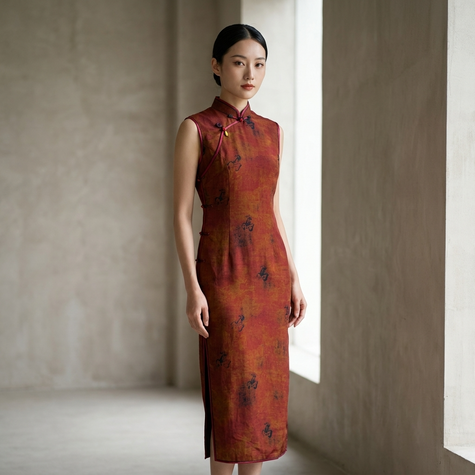 100% Mulberry Silk Xiangyunsha Rust Calligraphy Sleeveless Qipao Dress | LUXE ORIENTA - Luxe Orienta CO., LIMITED