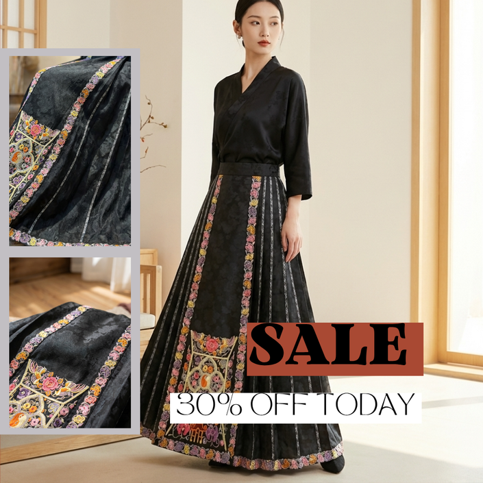 Black Jacquard Hand Floral Embroidered Mamian Qun Skirt | Modern Chinese Xiangyunsha Skirt