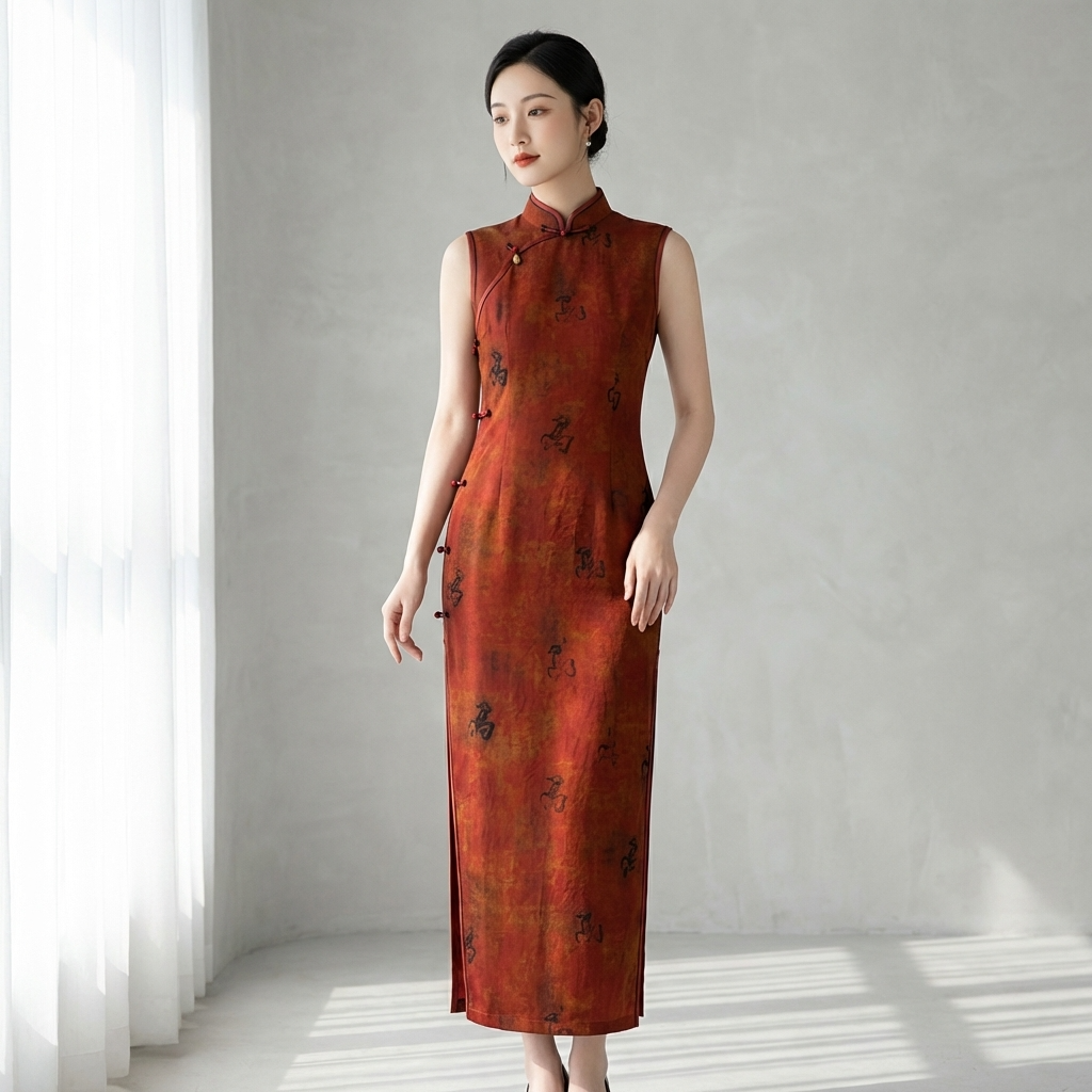 100% Mulberry Silk Xiangyunsha Rust Calligraphy Sleeveless Qipao Dress | LUXE ORIENTA - Luxe Orienta CO., LIMITED