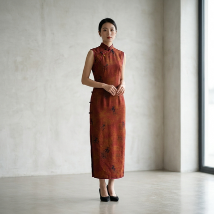100% Mulberry Silk Xiangyunsha Rust Calligraphy Sleeveless Qipao Dress | LUXE ORIENTA - Luxe Orienta CO., LIMITED