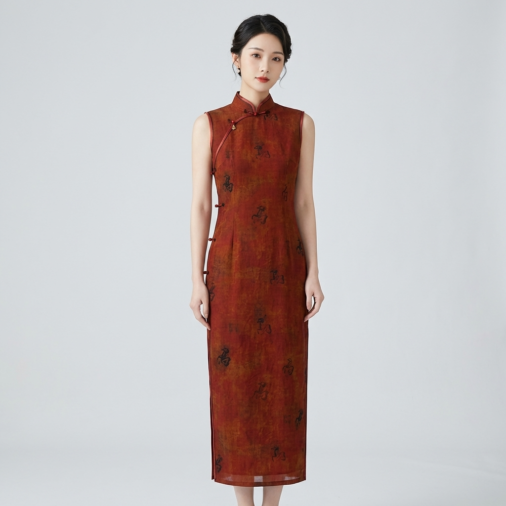 100% Mulberry Silk Xiangyunsha Rust Calligraphy Sleeveless Qipao Dress | LUXE ORIENTA - Luxe Orienta CO., LIMITED