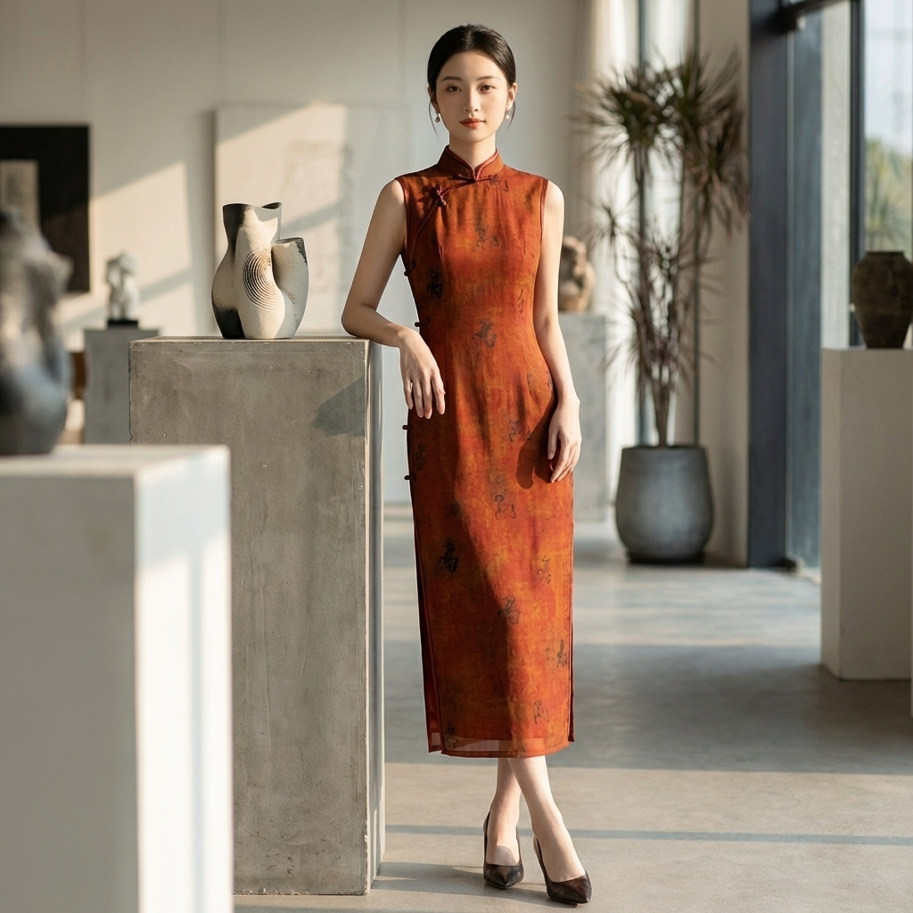 100% Mulberry Silk Xiangyunsha Rust Calligraphy Sleeveless Qipao Dress | LUXE ORIENTA - Luxe Orienta CO., LIMITED