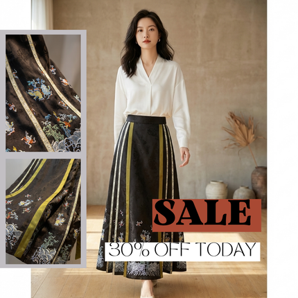 Luxury Black Sea Wave Embroidery Xiangyunsha Silk Mamian Skirt | Modern Chinese Style Skirt