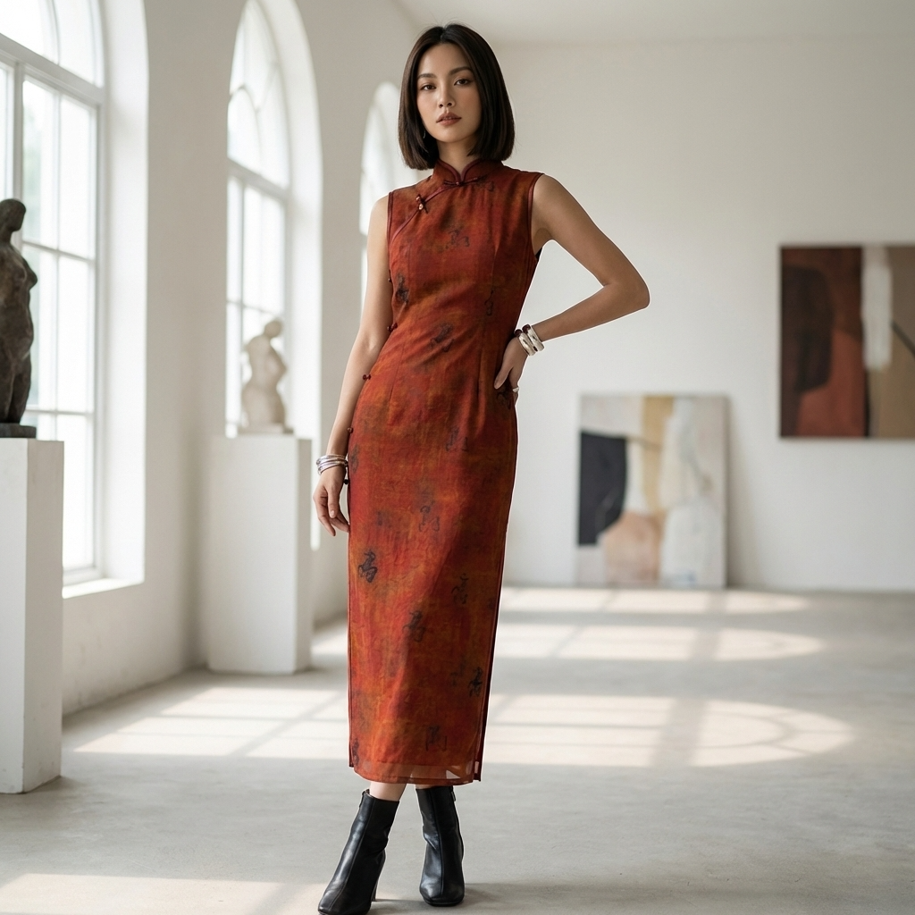 100% Mulberry Silk Xiangyunsha Rust Calligraphy Sleeveless Qipao Dress | LUXE ORIENTA - Luxe Orienta CO., LIMITED