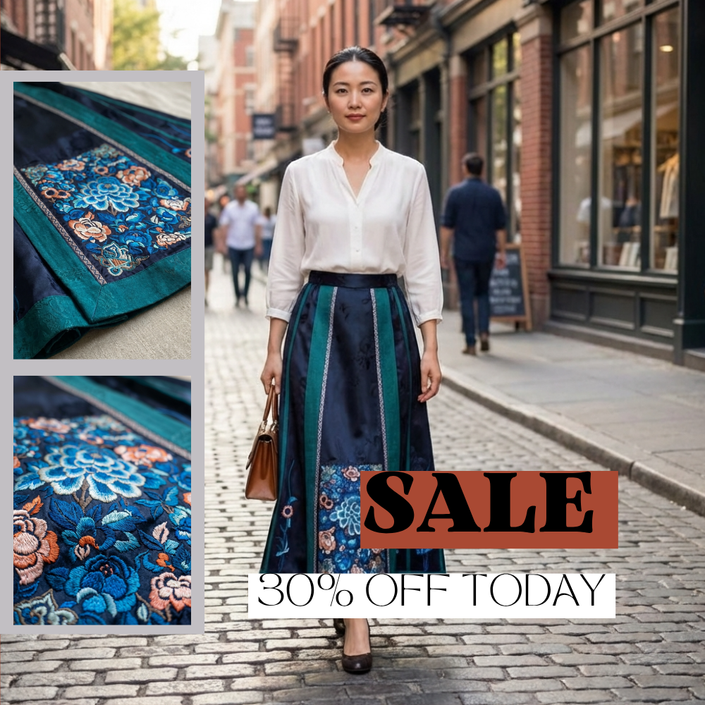 Black Teal Peony Embroidery Mulberry Silk Xiangyunsha Horse-Face Skirt -LUXE ORIENTA Fashion