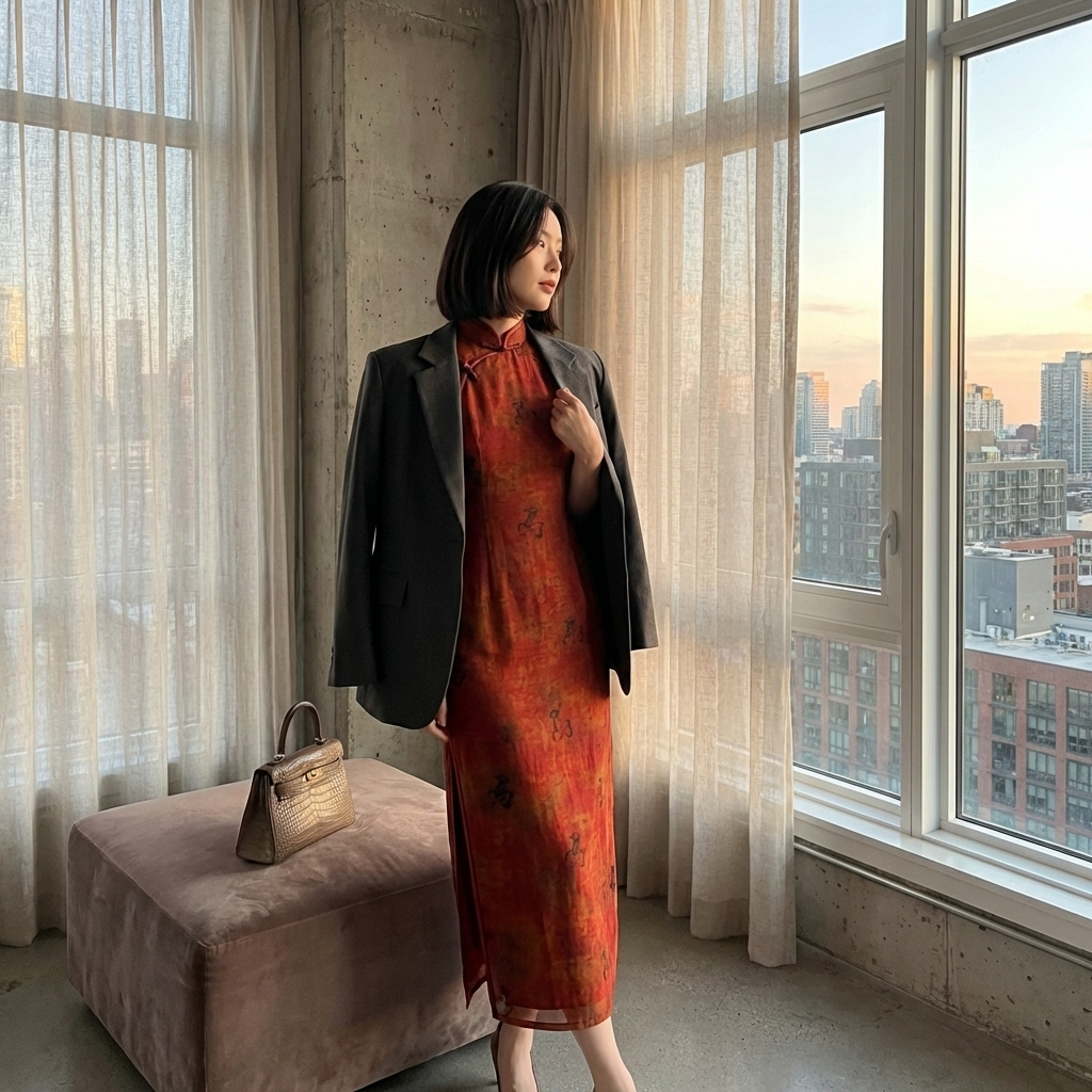 100% Mulberry Silk Xiangyunsha Rust Calligraphy Sleeveless Qipao Dress | LUXE ORIENTA - Luxe Orienta CO., LIMITED