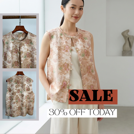 Beige Chinese Style Vest – Floral & Mythical Print Rayon Blend Sleeveless Waistcoat with Frog Buttons | Luxe Orienta