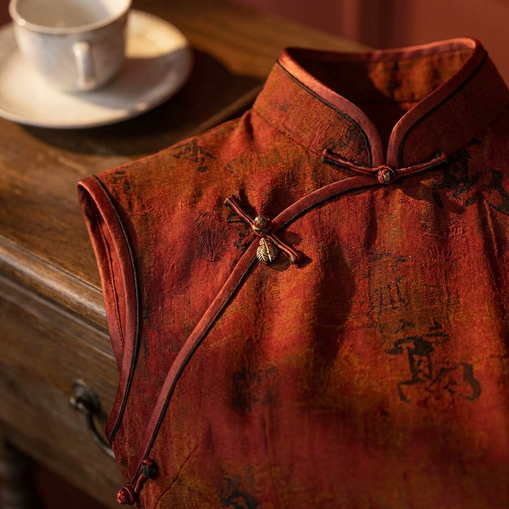 100% Mulberry Silk Xiangyunsha Rust Calligraphy Sleeveless Qipao Dress | LUXE ORIENTA - Luxe Orienta CO., LIMITED