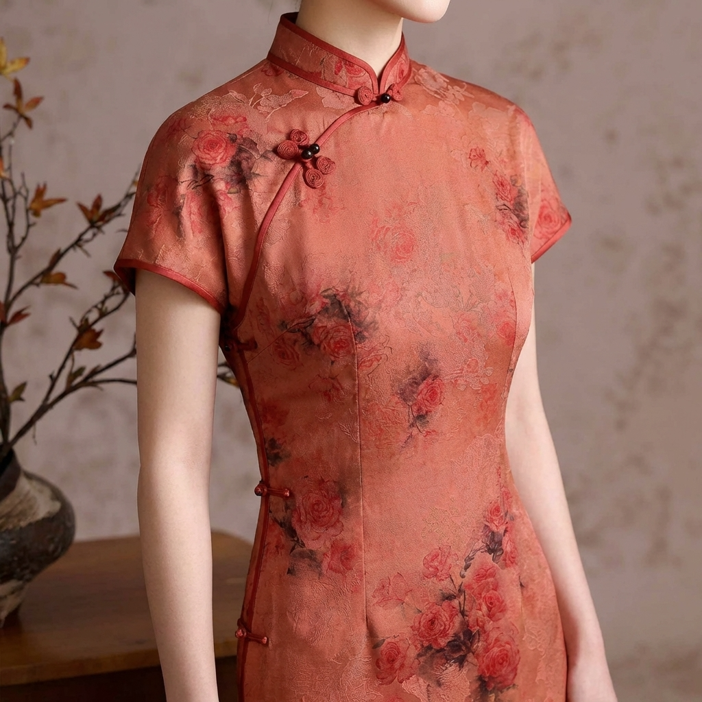 100% Mulberry Silk Xiangyunsha Rust Red Floral Print Short Sleeve Qipao Dress | LUXE ORIENTA - Luxe Orienta CO., LIMITED