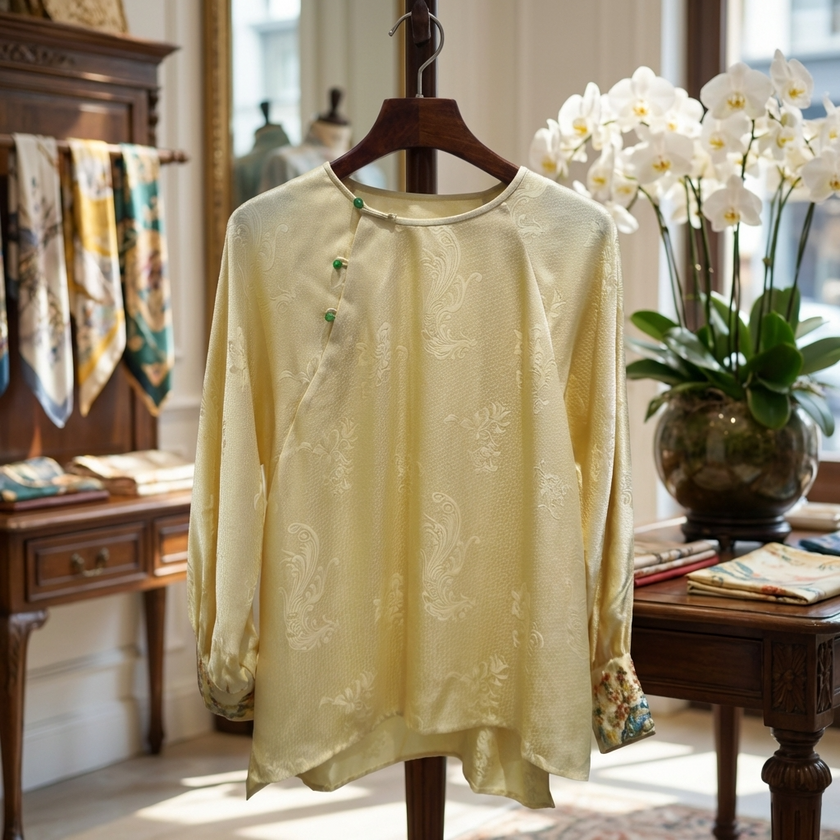 Beige Apricot Silk Phoenix Jacquard Oriental Blouse with Frog Buttons | 100% Mulberry Silk Top for Mamian Skirt Styling - Luxe Orienta CO., LIMITED