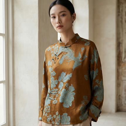 Brown Phoenix Xiangyunsha Silk Blouse – Luxury Modern Chinese Phoenix Blouse - Luxe Orienta CO., LIMITED
