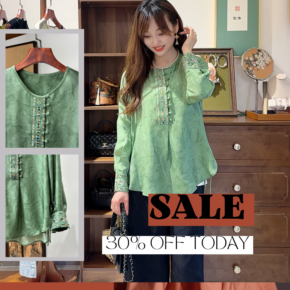 Grüne Seide Bestickte Bluse | Luxus Orienta Modernes Chinesisches Top