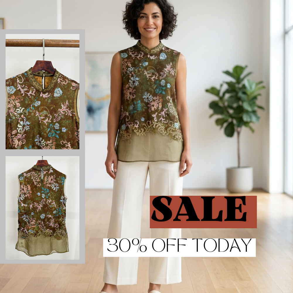 Green Embroidered  Blouse Organza Sleeveless with Floral Motif-Luxe Orienta