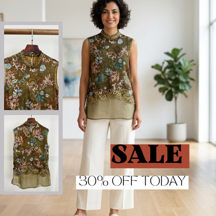 Green Embroidered  Blouse Organza Sleeveless with Floral Motif-Luxe Orienta