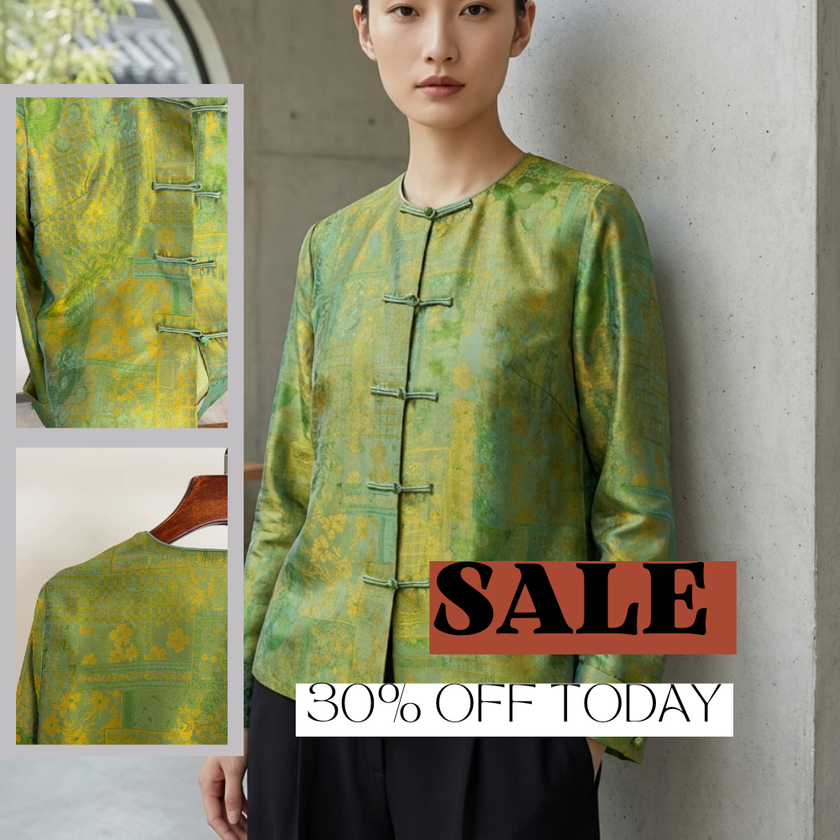 Green Mulberry Silk Satin Jacquard Blouse with Frog Buttons-Luxe Orienta
