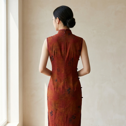 100% Mulberry Silk Xiangyunsha Rust Calligraphy Sleeveless Qipao Dress | LUXE ORIENTA - Luxe Orienta CO., LIMITED