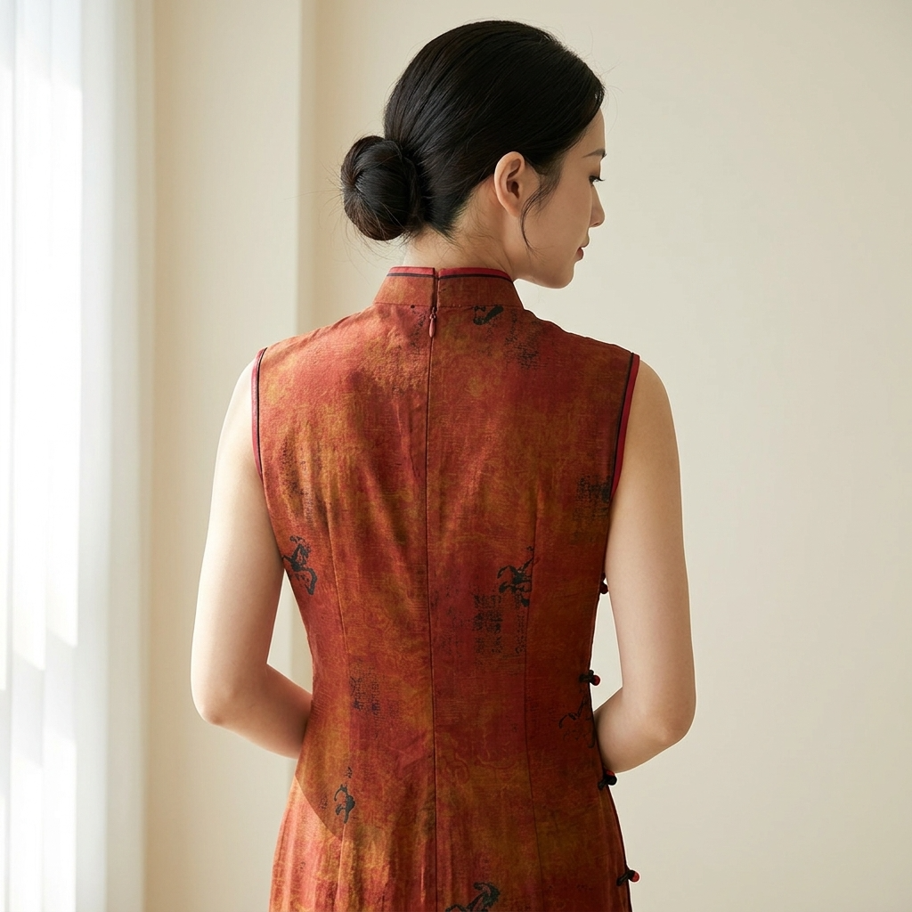 100% Mulberry Silk Xiangyunsha Rust Calligraphy Sleeveless Qipao Dress | LUXE ORIENTA - Luxe Orienta CO., LIMITED