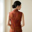 100% Mulberry Silk Xiangyunsha Rust Calligraphy Sleeveless Qipao Dress | LUXE ORIENTA - Luxe Orienta CO., LIMITED