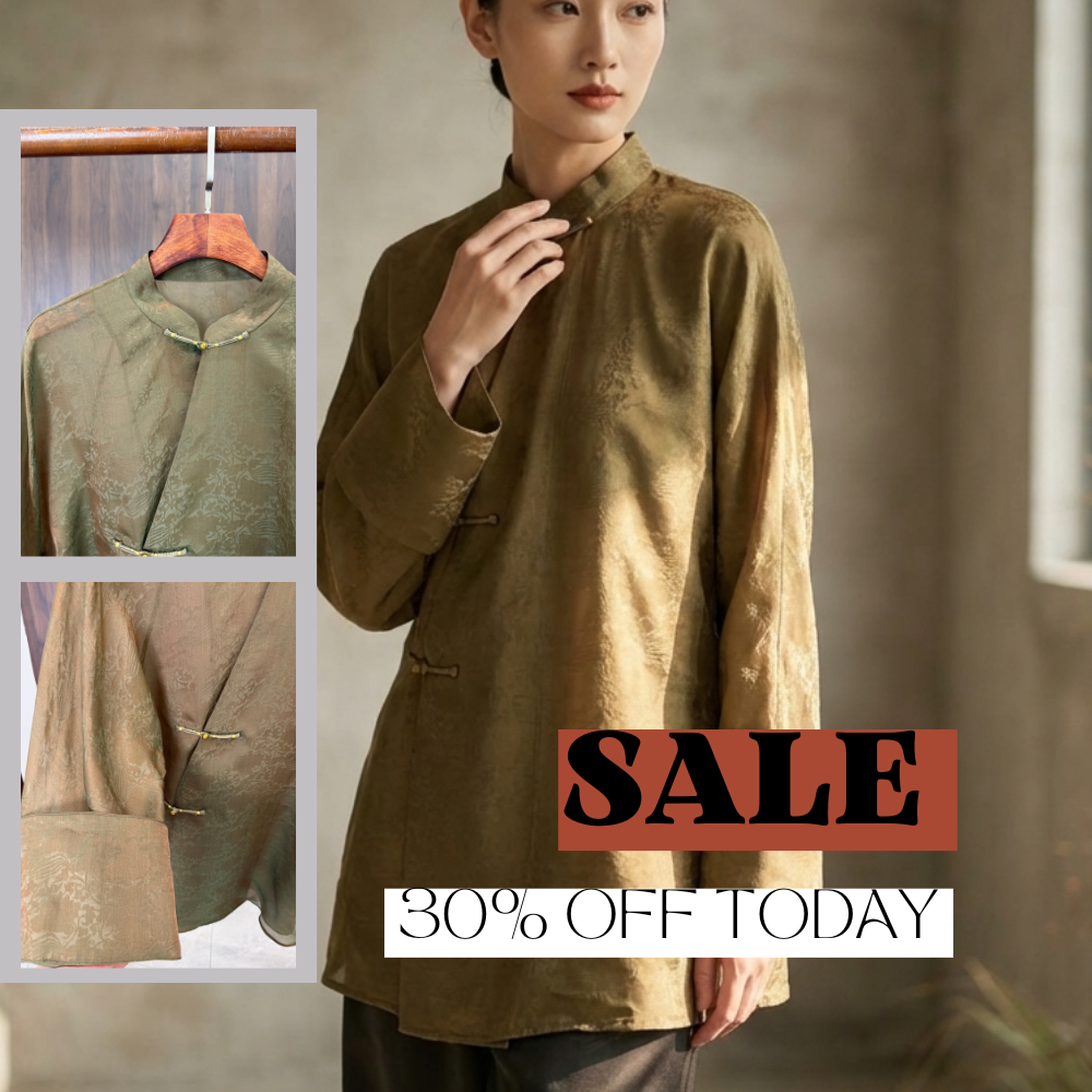 Green Mulberry Silk Jacquard Mandarin Collar Blouse | Modern Chinese Frog Button Shirt