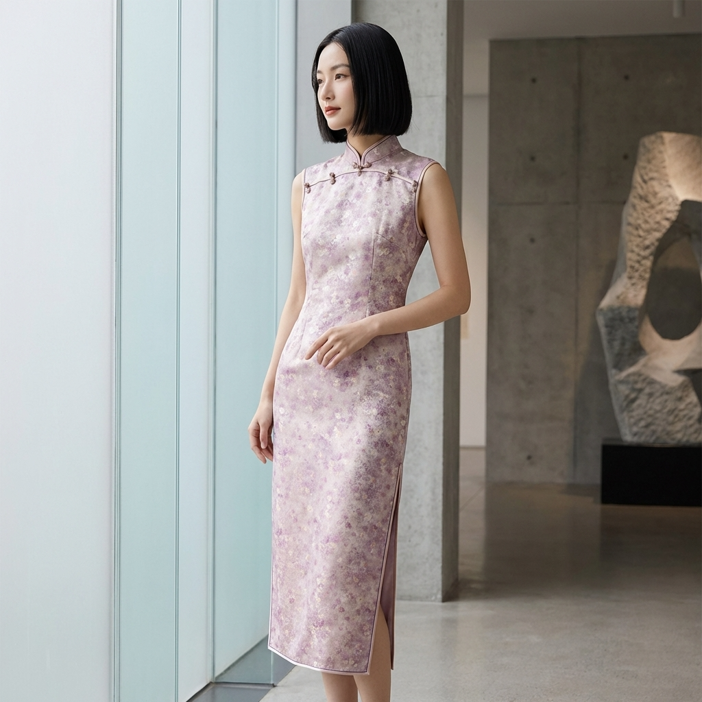 Pink Purple Floral Xiangyunsha Qipao |100% Mulberry Silk  Elegant Chinese Cheongsam Dress - Luxe Orienta CO., LIMITED