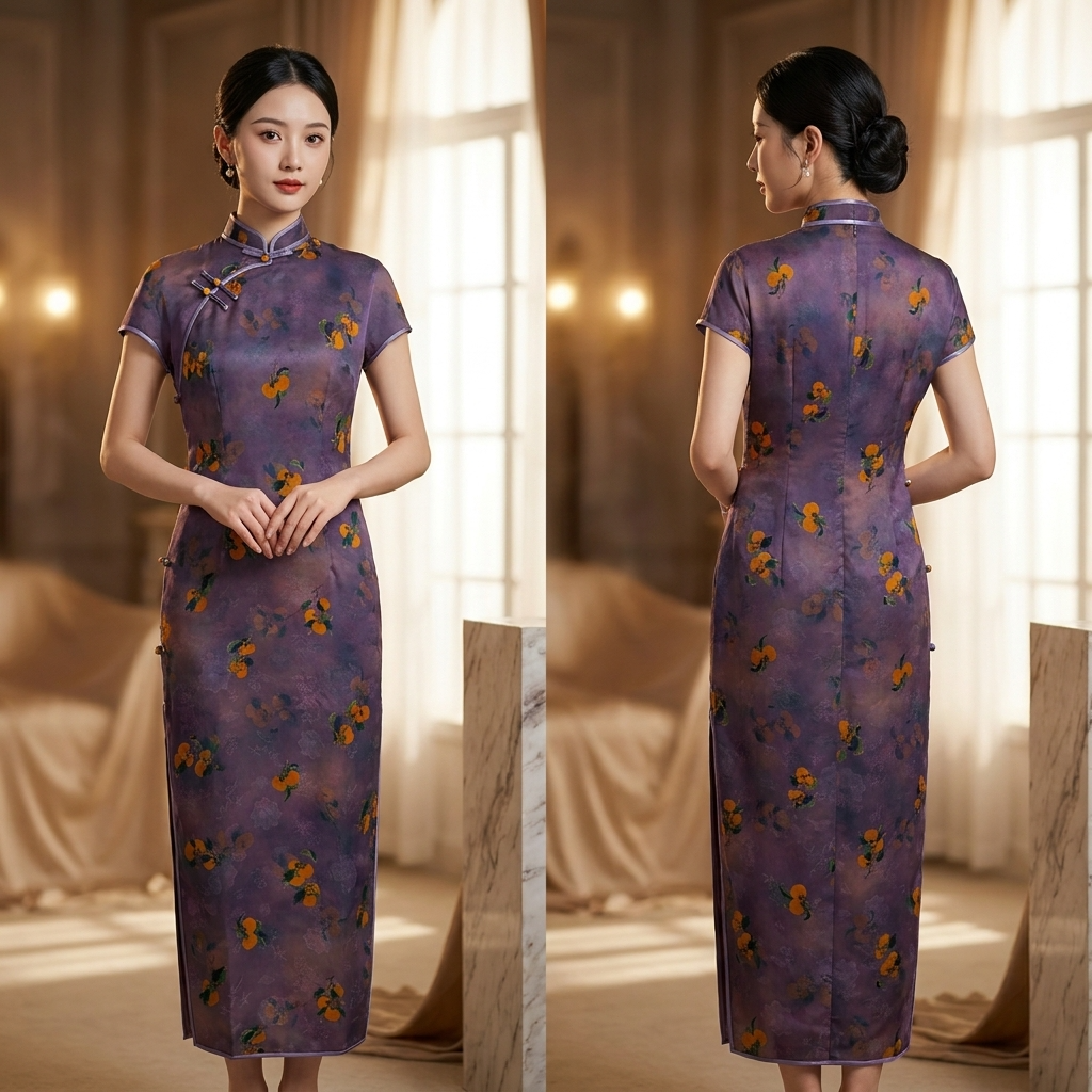 100% Mulberry Silk Xiangyunsha Purple Persimmon Print Short Sleeve Qipao Dress | LUXE ORIENTA - Luxe Orienta CO., LIMITED