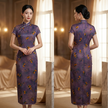 100% Mulberry Silk Xiangyunsha Purple Persimmon Print Short Sleeve Qipao Dress | LUXE ORIENTA - Luxe Orienta CO., LIMITED