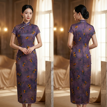 100% Mulberry Silk Xiangyunsha Purple Persimmon Print Short Sleeve Qipao Dress | LUXE ORIENTA - Luxe Orienta CO., LIMITED