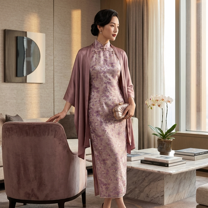 Pink Purple Floral Xiangyunsha Qipao |100% Mulberry Silk  Elegant Chinese Cheongsam Dress - Luxe Orienta CO., LIMITED