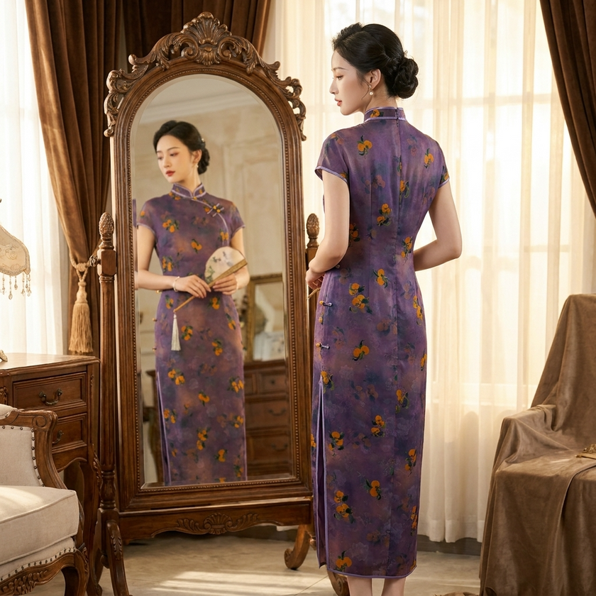 100% Mulberry Silk Xiangyunsha Purple Persimmon Print Short Sleeve Qipao Dress | LUXE ORIENTA - Luxe Orienta CO., LIMITED
