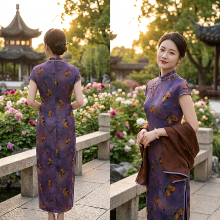 100% Mulberry Silk Xiangyunsha Purple Persimmon Print Short Sleeve Qipao Dress | LUXE ORIENTA - Luxe Orienta CO., LIMITED