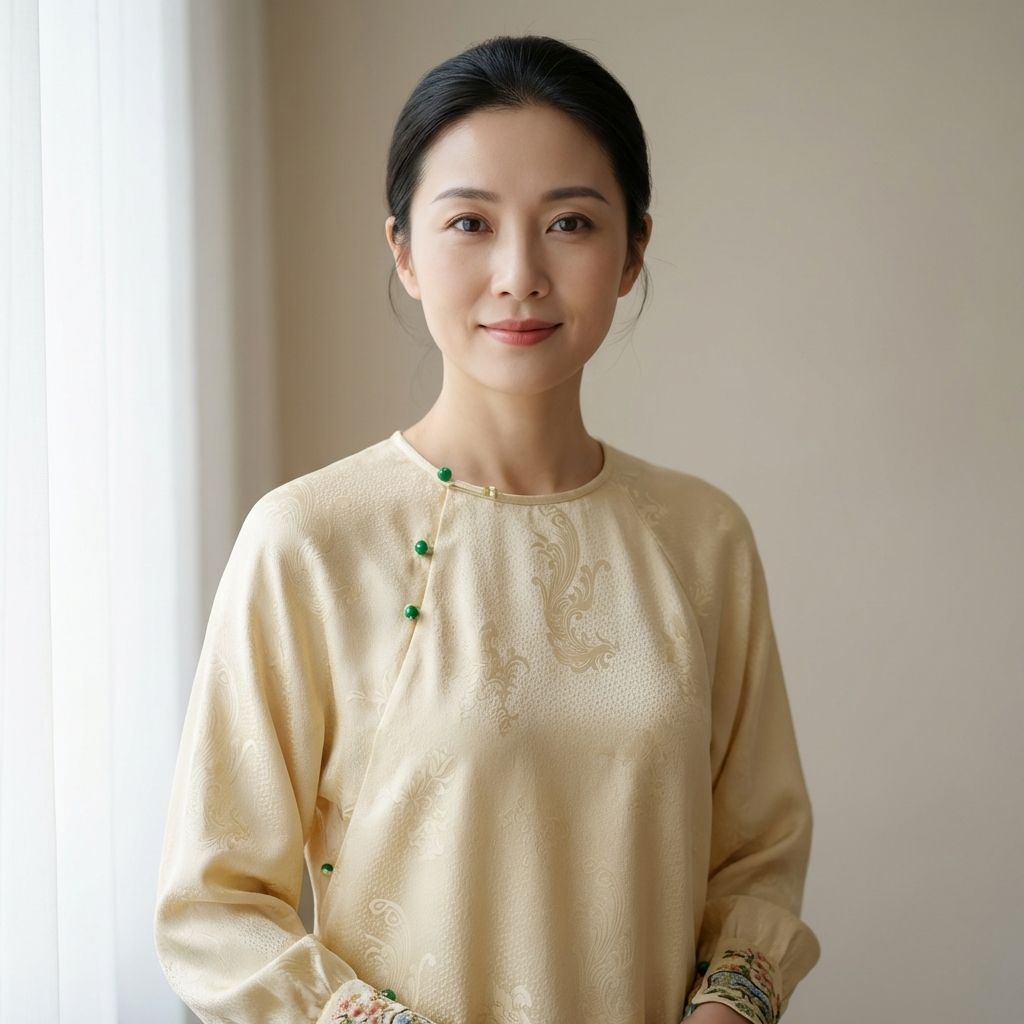 Beige Apricot Silk Phoenix Jacquard Oriental Blouse with Frog Buttons | 100% Mulberry Silk Top for Mamian Skirt Styling - Luxe Orienta CO., LIMITED