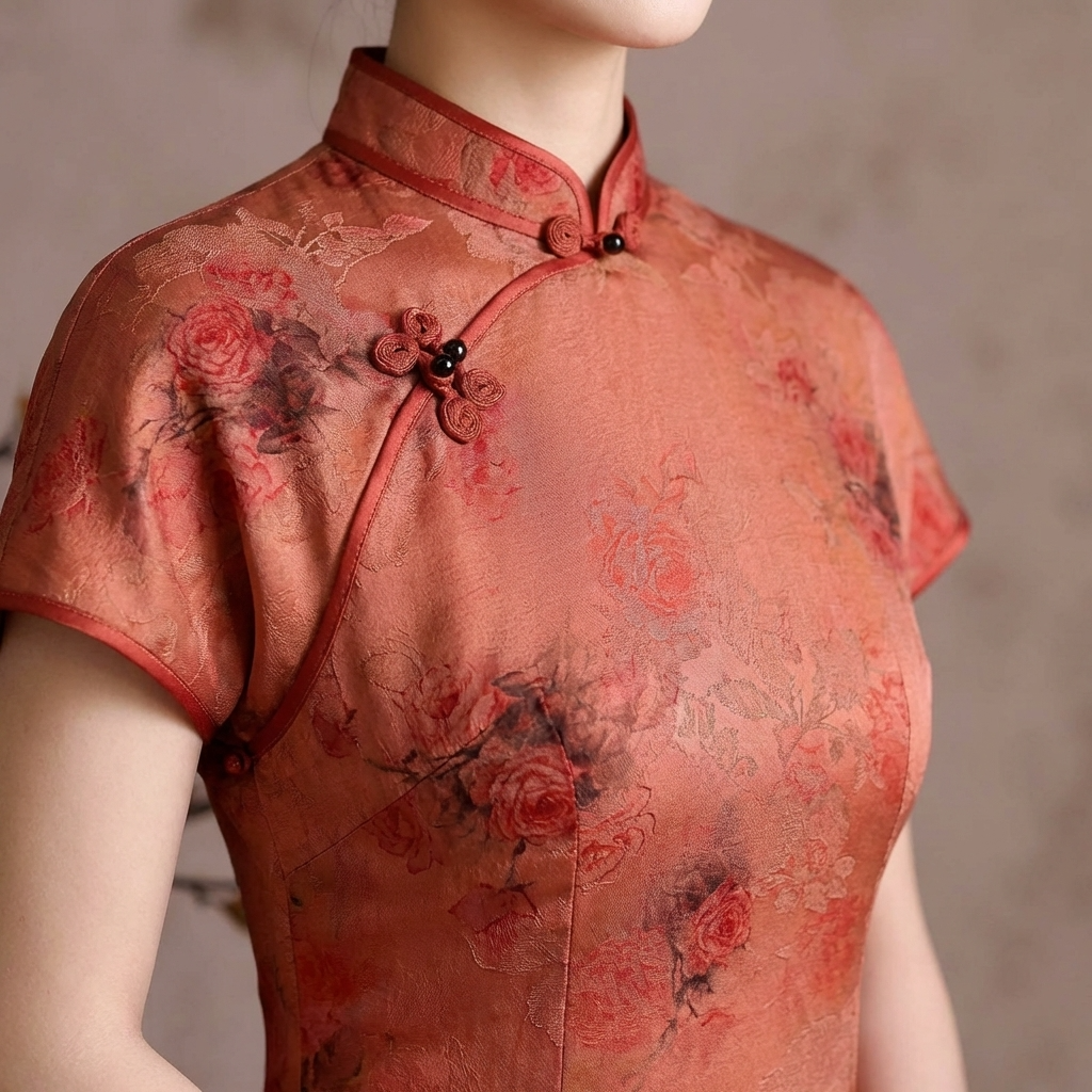 100% Mulberry Silk Xiangyunsha Rust Red Floral Print Short Sleeve Qipao Dress | LUXE ORIENTA - Luxe Orienta CO., LIMITED