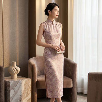 Pink Purple Floral Xiangyunsha Qipao |100% Mulberry Silk  Elegant Chinese Cheongsam Dress - Luxe Orienta CO., LIMITED