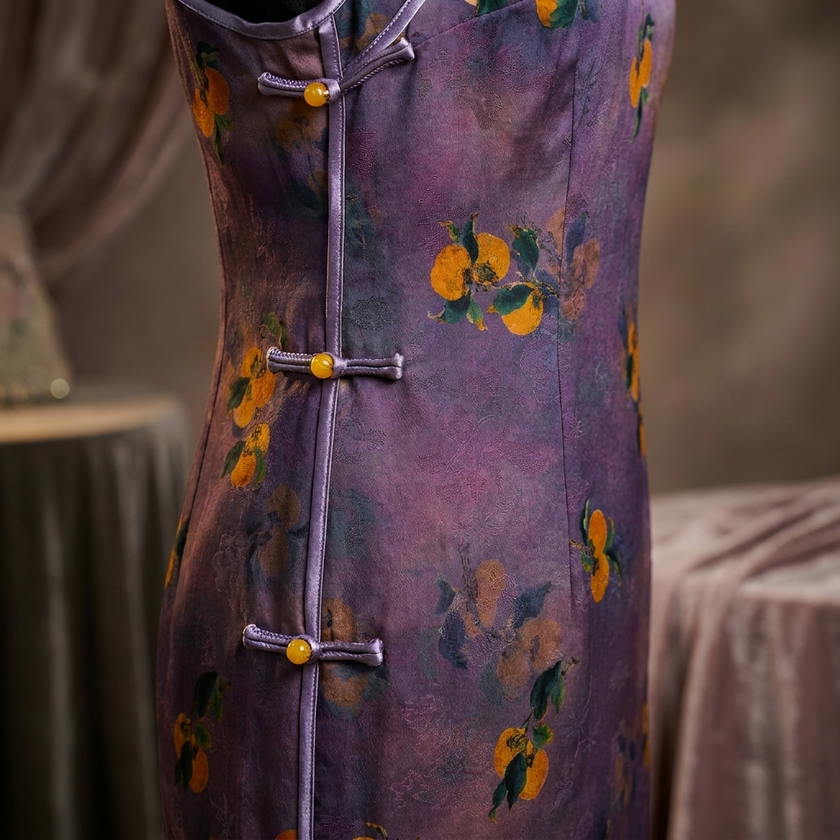 100% Mulberry Silk Xiangyunsha Purple Persimmon Print Short Sleeve Qipao Dress | LUXE ORIENTA - Luxe Orienta CO., LIMITED