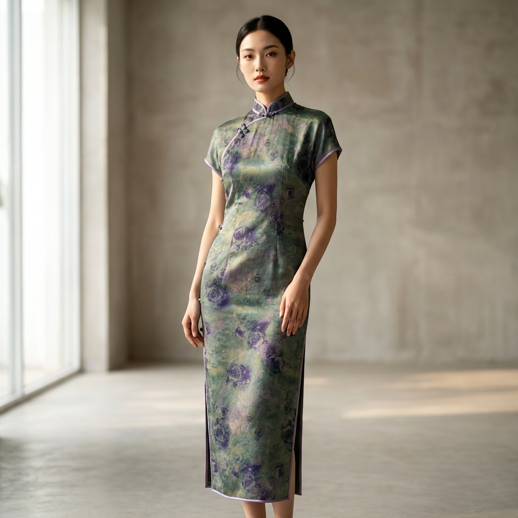 100% Mulberry Silk Xiangyunsha Dark Green Purple Rose Short Sleeve Qipao Dress | LUXE ORIENTA - Luxe Orienta CO., LIMITED