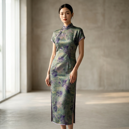 100% Mulberry Silk Xiangyunsha Dark Green Purple Rose Short Sleeve Qipao Dress | LUXE ORIENTA - Luxe Orienta CO., LIMITED